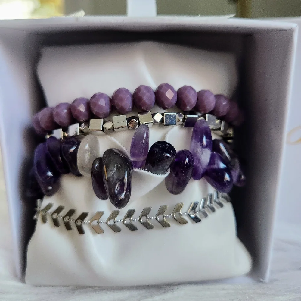 NWT Bella Fizz 'Purple Rain' Amethyst & Silver Bella Bundle Bracelet Set of 4 - Picture 1 of 11
